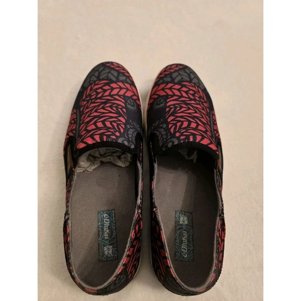 Olukai Kahu PowWow Slip On Shoes Mens 11.5 Red Black Leaf Canvas Loafers 10372